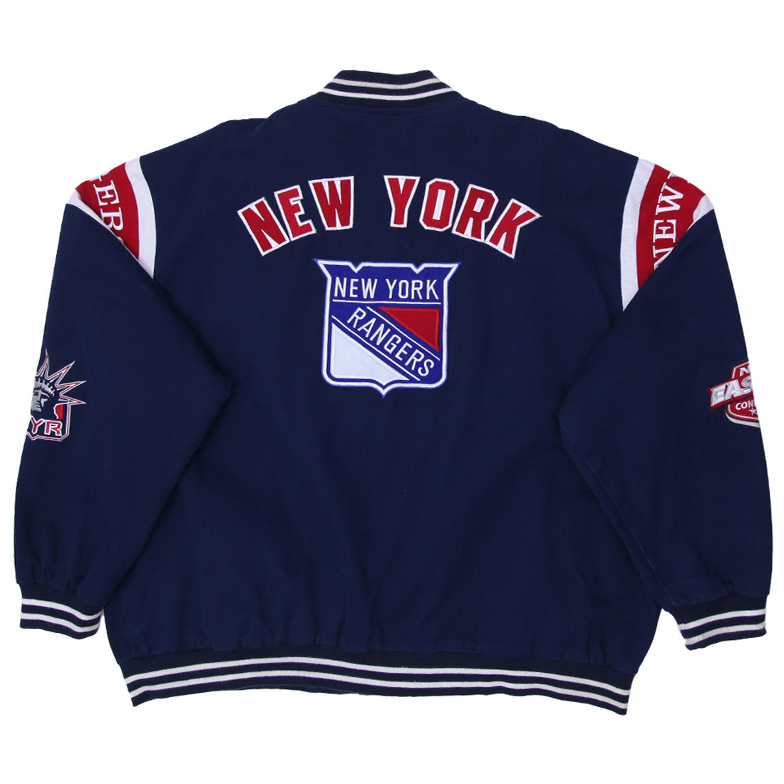 スタジャン　NHL ニューヨークレンジャーズ　ビーバールーツ　カナダ製　袖革 Shop Vintage NHL Hockey New York Rangers JH Design Navy Twill Full