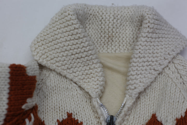 Vintage Ladies Deer Sweater 1960s Wool Knit Cardigan Jacket Wool Knit Zipper Hand Knitted Cowichan Style