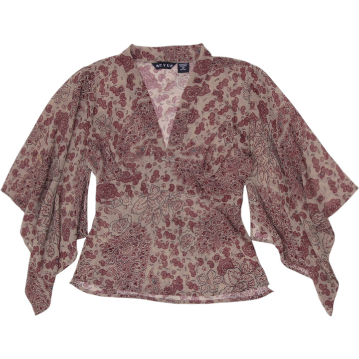 Y2K Ladies REVUE Sheer Paisley Wrap Blouse Kimono Sleeves Top Small Earthy Boho