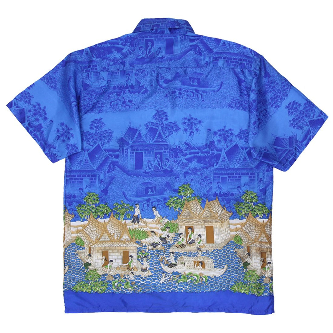 Vintage Mens Thai Silk Short Sleeve Blue Shirt Graphic Pattern | Migration_Shirts - Side View | Fashion Rerun