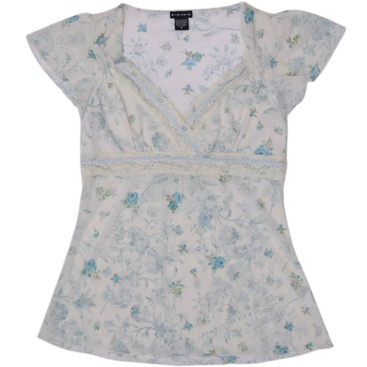 Y2K Ladies F.A.N.GFloral Mesh Flutter-Sleeve Empire-Waist Top Size M