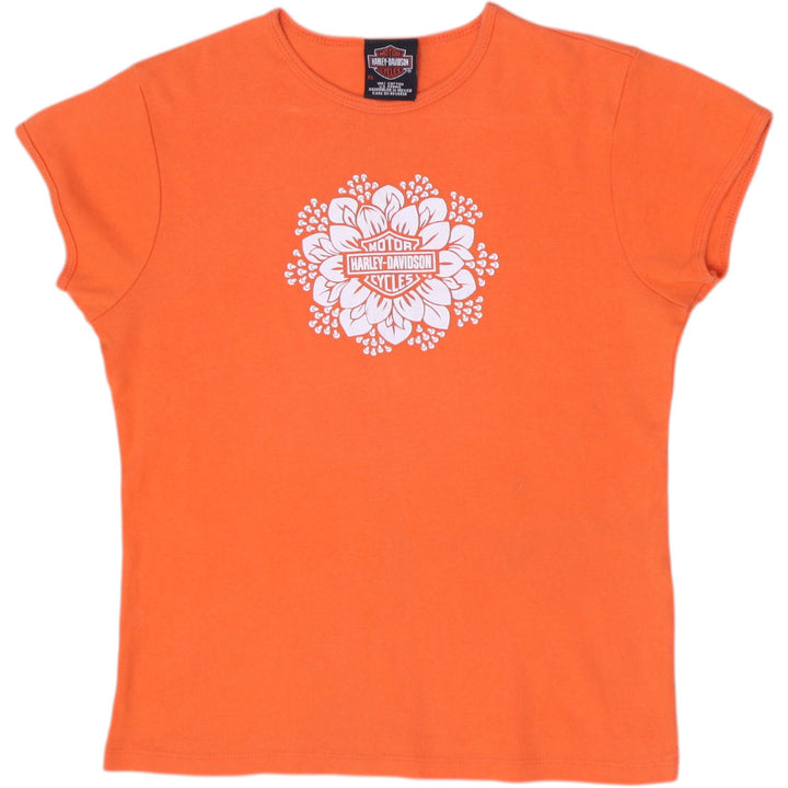 Y2K Ladies Harley Davidson Orange Floral Logo Graphic Top Size XL