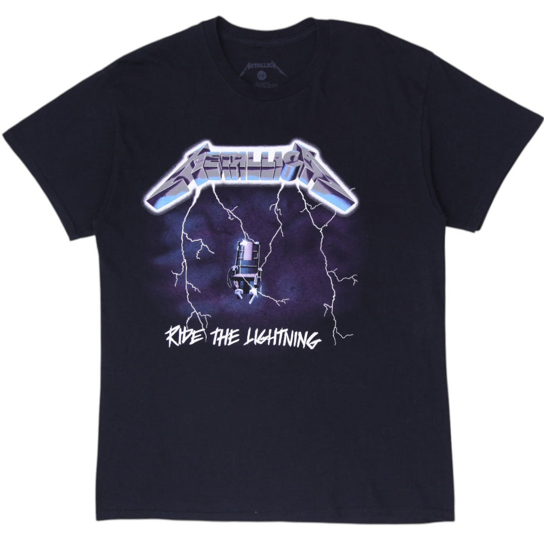 Mens Metallica Rock Band Graphic T-Shirt Black Ride the Lightning Double Sided L