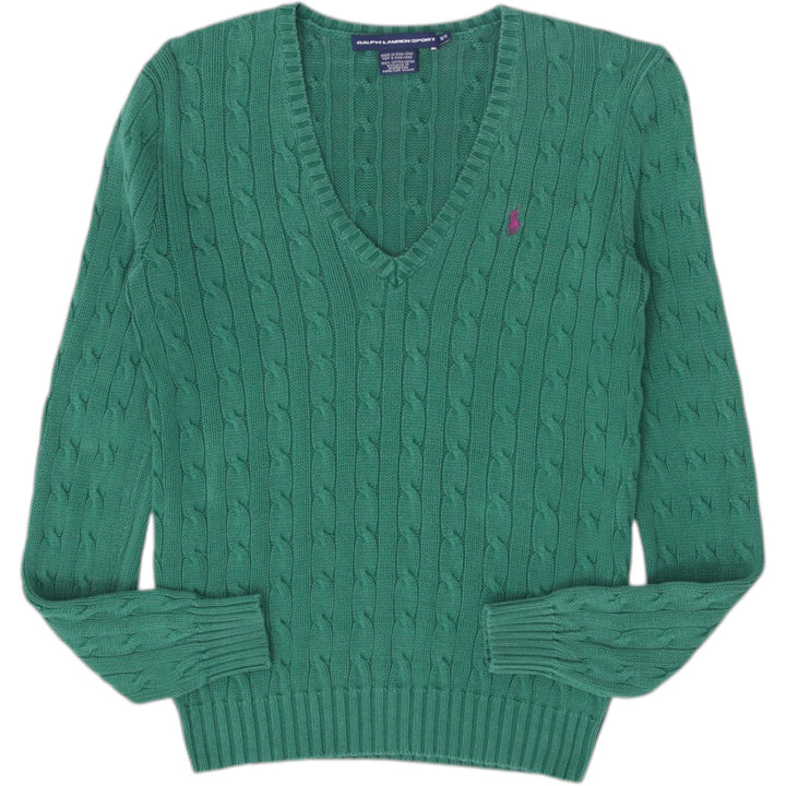 Vintage Ladies Ralph Lauren Sports Green Knit V-Neck Cable Knit Sweater M | Migration_Jumper & Knitwear RL Co | Fashion Rerun