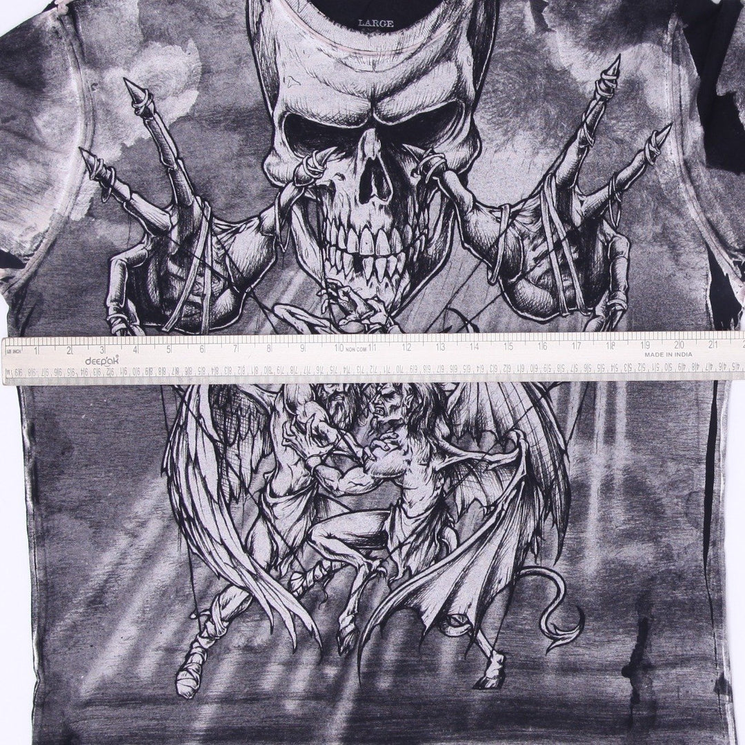 Y2K Mens Affliction Grunge Skull Puppets God Devil Armageddon T-Shirt Size L