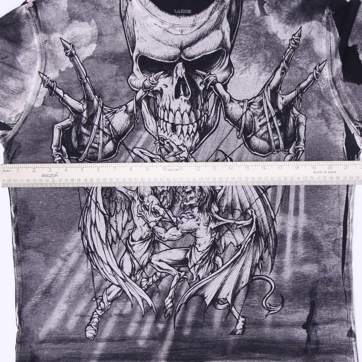 Y2K Mens Affliction Grunge Skull Puppets God Devil Armageddon T-Shirt Size L
