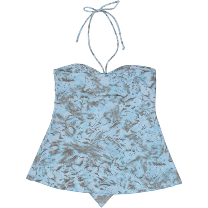 Y2K Ladies Venus Halter Top Sky Blue Abstract Print Beaded Handkerchief Hem USA Size M