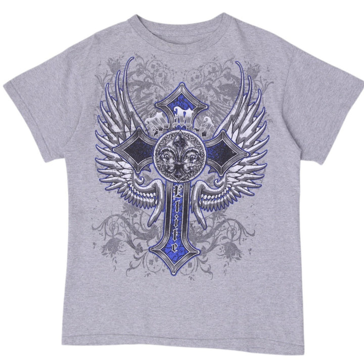 Y2K Mens Elite Evolution Blue Winged Cross Graphic T-Shirt Size M