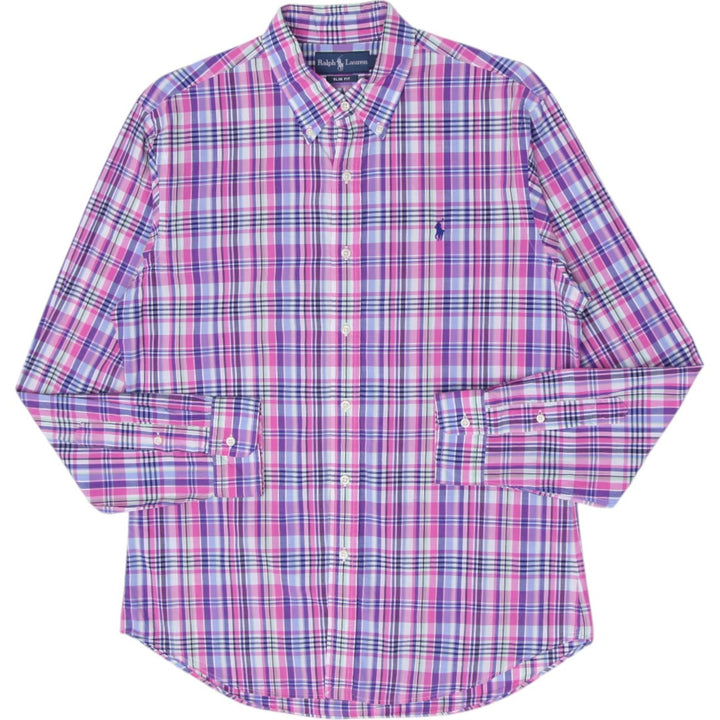 Mens Ralph Lauren Slim Fit Shirt Pink Plaid Cotton Casual