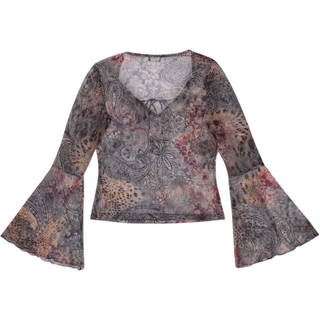 Y2K Ladies Rave Mixed Print Paisley & Cheetah Mesh Bell-Sleeve Top Size L