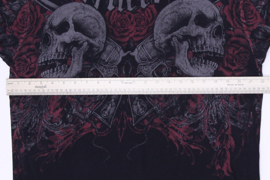 Y2K Mens Affliction Sematary Haunted Mound Skull Roses Guns Aged Size L