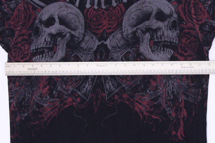Y2K Mens Affliction Sematary Haunted Mound Skull Roses Guns Aged Size L