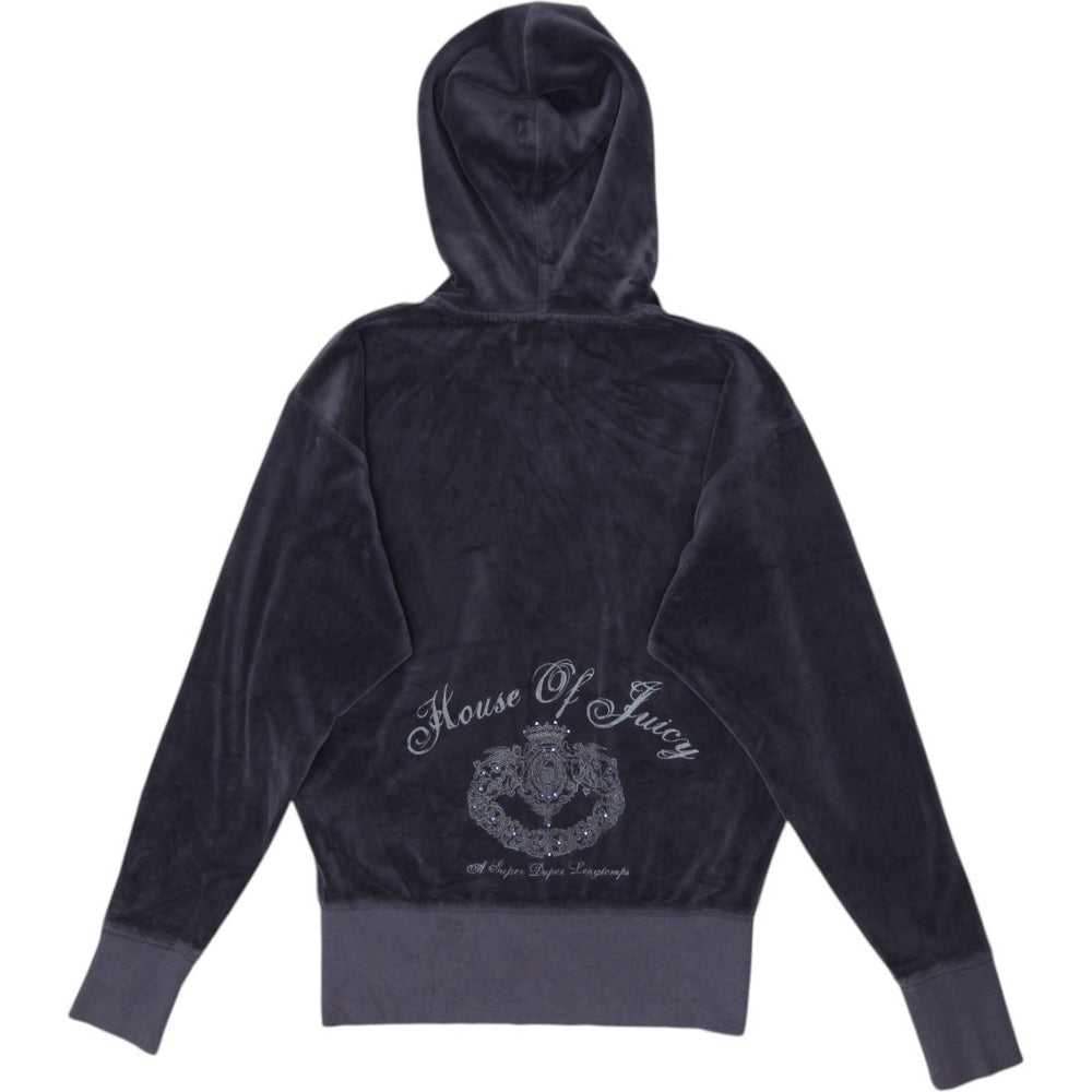 Y2K Ladies Juicy Couture Velour Hoodie Gray Full Zip Rhinestone Jacket Size S | Migration_Jackets - Side View | Fashion Rerun