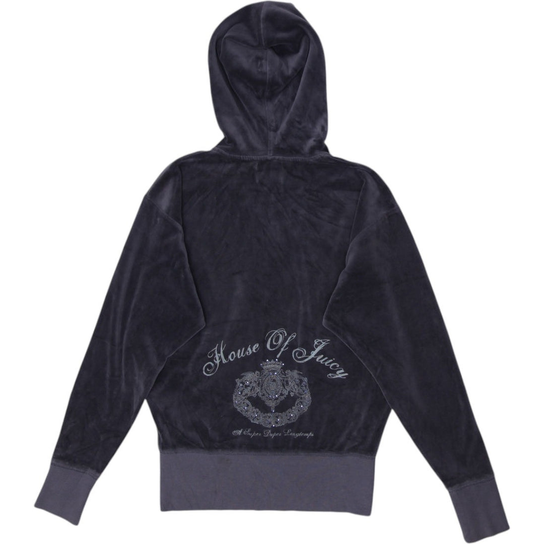 Y2K Ladies Juicy Couture Velour Hoodie Gray Full Zip Rhinestone Jacket Size S | Migration_Jackets - Side View | Fashion Rerun