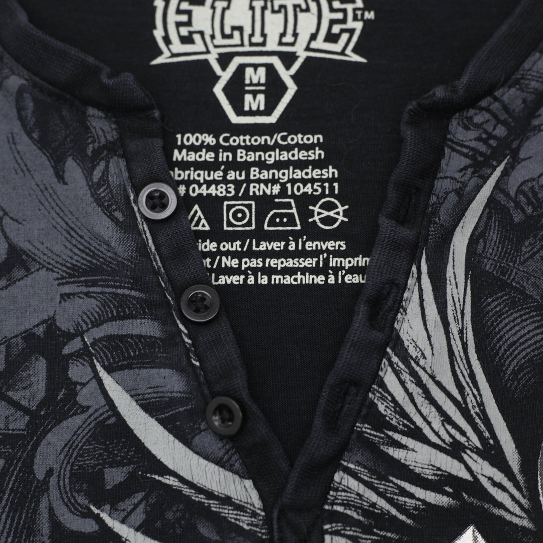 Y2K Mens MMA Elite Long Sleeve Henley Gothic Cross & Serpent Graphic T-Shirt M