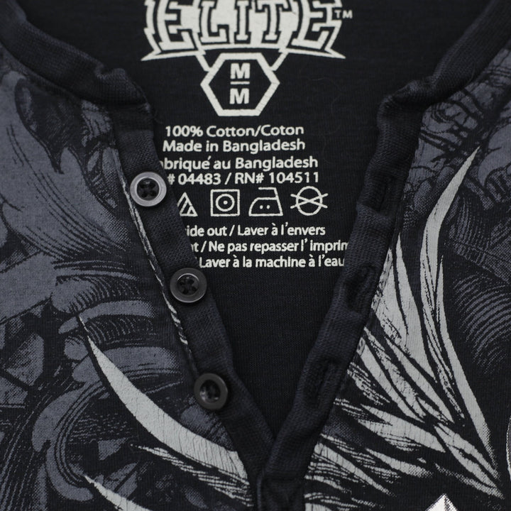 Y2K Mens MMA Elite Long Sleeve Henley Gothic Cross & Serpent Graphic T-Shirt M
