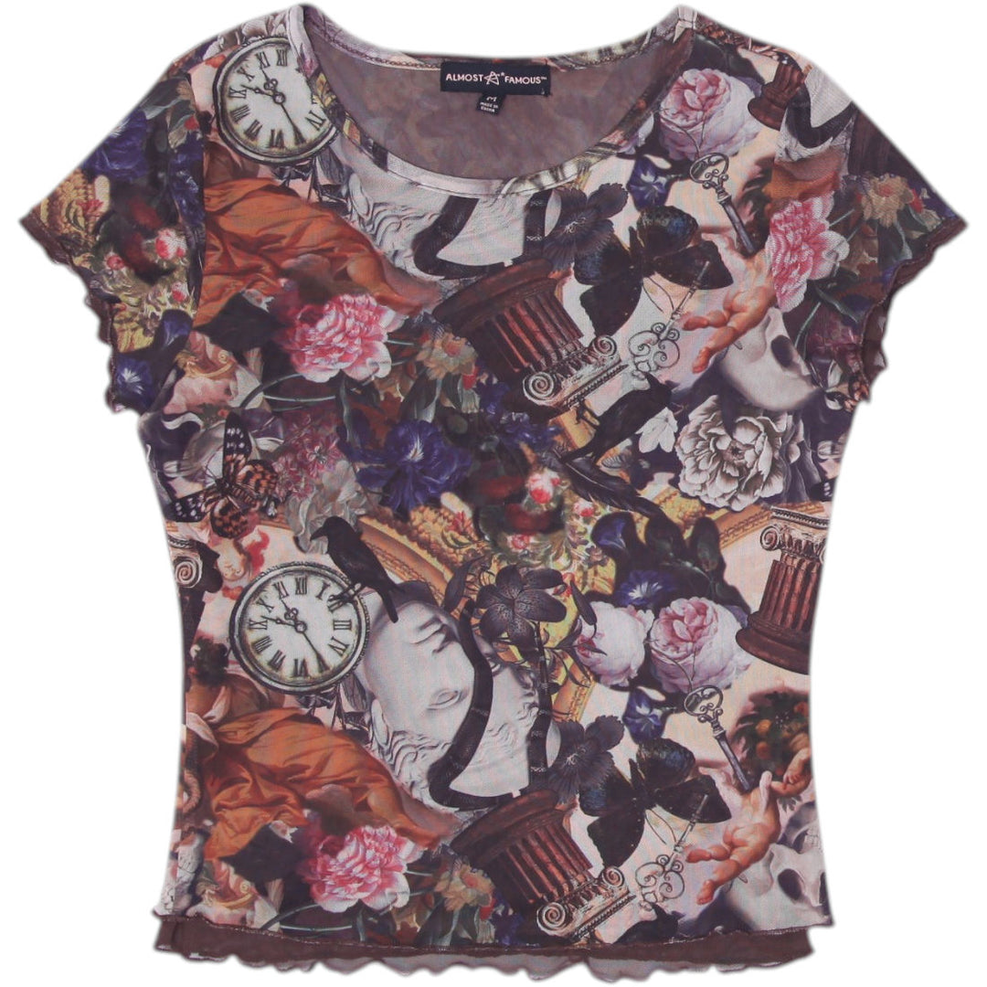 Y2K Ladies Almost Famous Graphic T-Shirt Multi Color Short Sleeve Size M