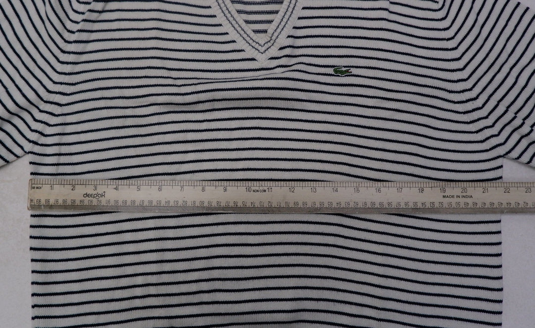 Vintage Mens Lacoste Sweater Navy Striped V-Neck Knit