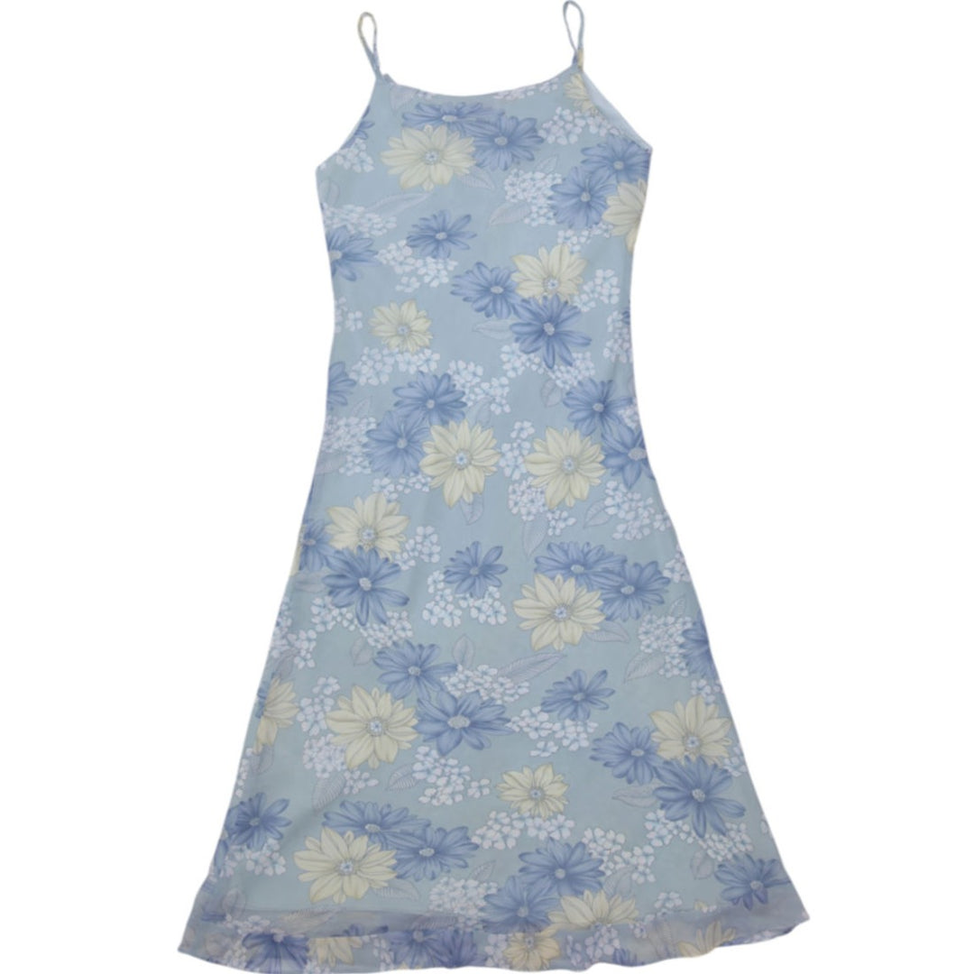 Y2K Ladies Ring Powder Blue Floral Chiffon Midi Slip Dress