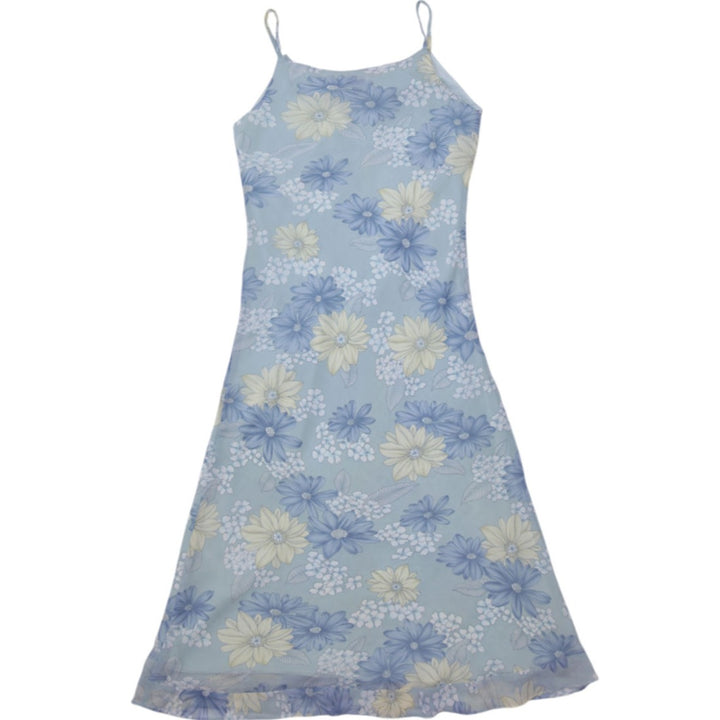 Y2K Ladies Ring Powder Blue Floral Chiffon Midi Slip Dress