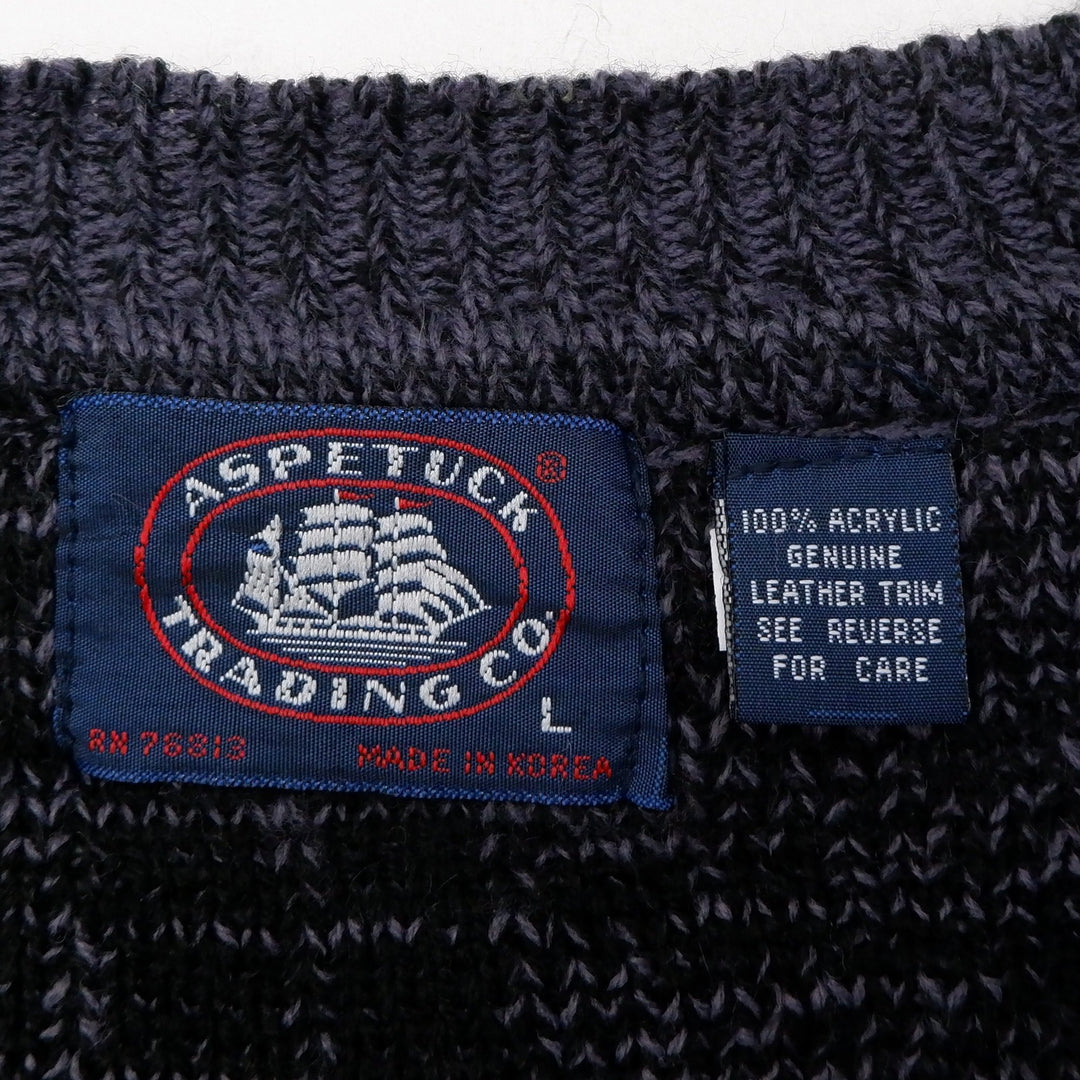 Vintage Mens Aspetuck Cardigan Geometric Knit Sweater