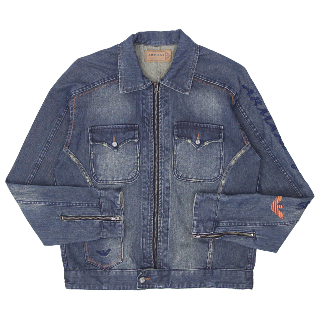 Shop Mens Armani Jeans Embroidered Full Zip Denim Jacket Fashion