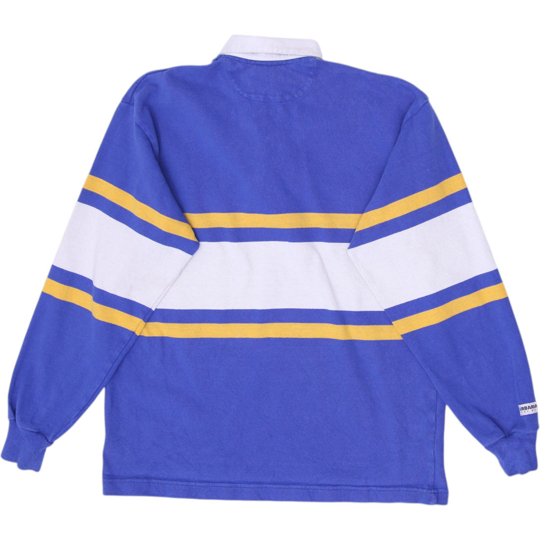 Vintage Mens Barbarian Rugby T-Shirt Blue Striped St. Maximilian Logo Size M