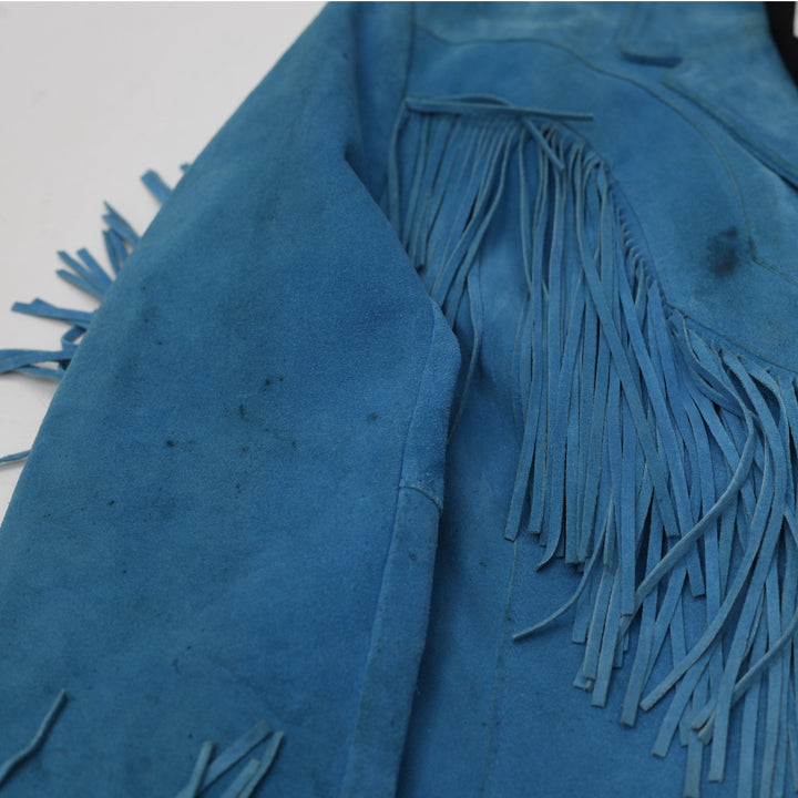Vntg 80's Ladies Pioneer Wear Bright Turquoise Blue Suede Western Fringe Jacket