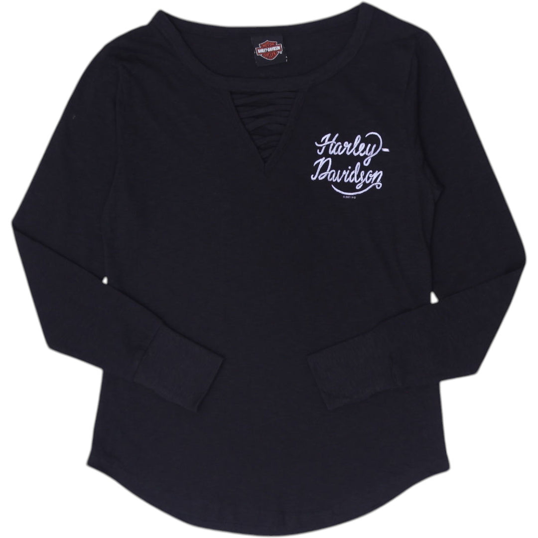 Ladies Harley Davidson Long Sleeve Top Black Graphic Tee