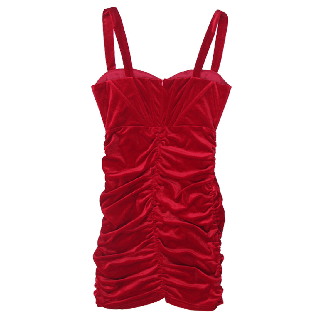 Y2K Ladies Red Velvet Strappy Ruched Side Mini Dress