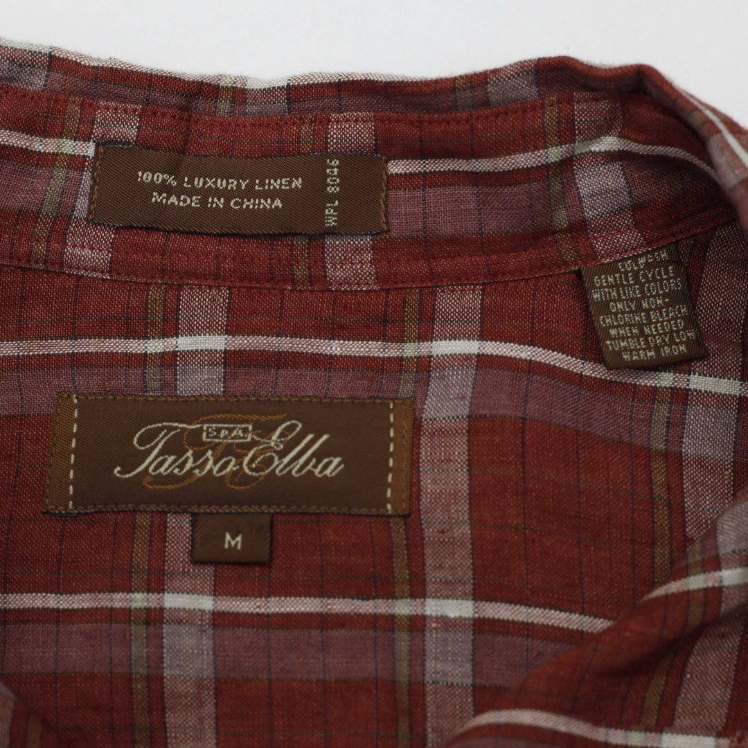 Mens Tasso Elba 100% Linen Short Sleeve Button Up Plaid Shirt Size M