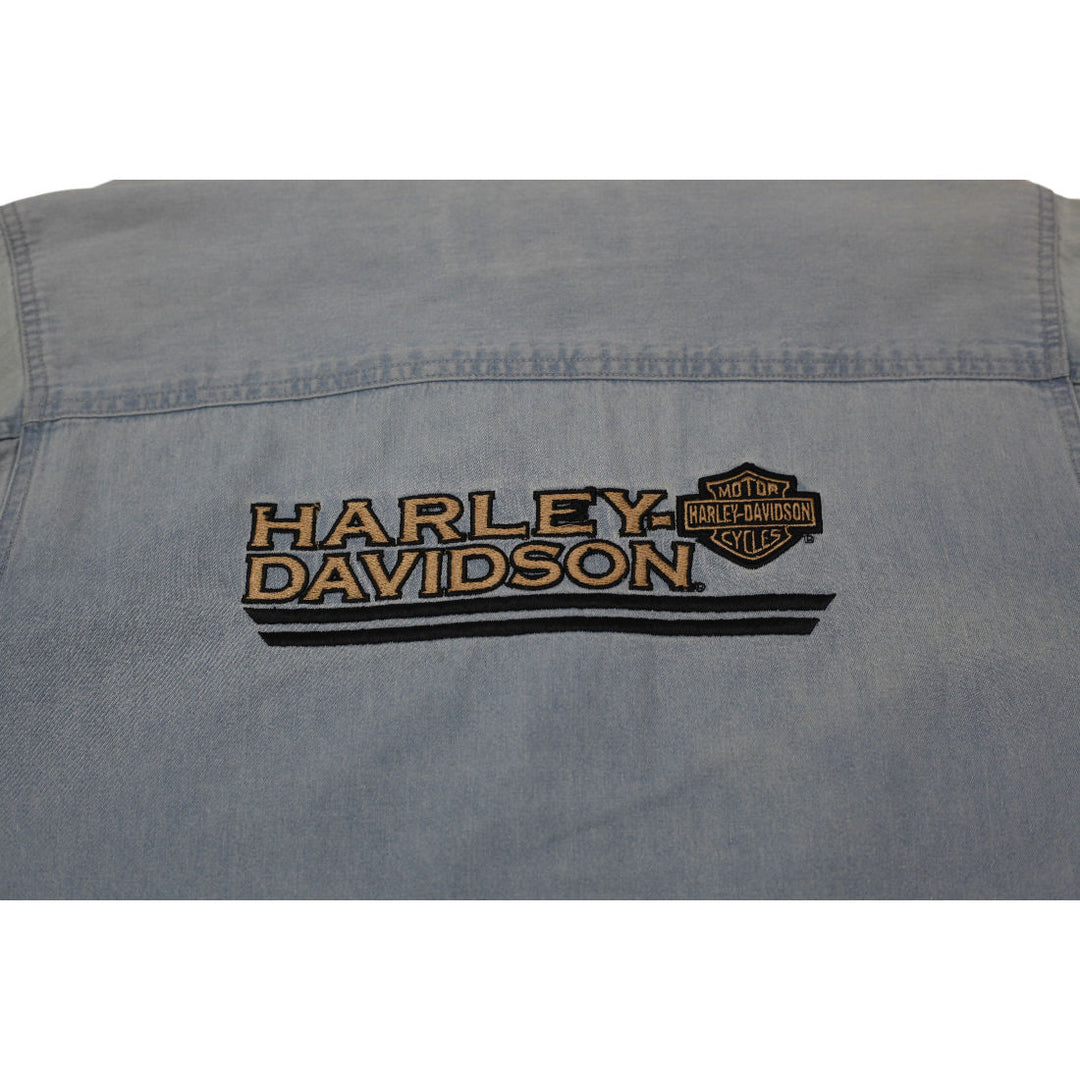 Vintage Ladies Harley Davidson Denim Shirt Light Blue Embroidered Logo