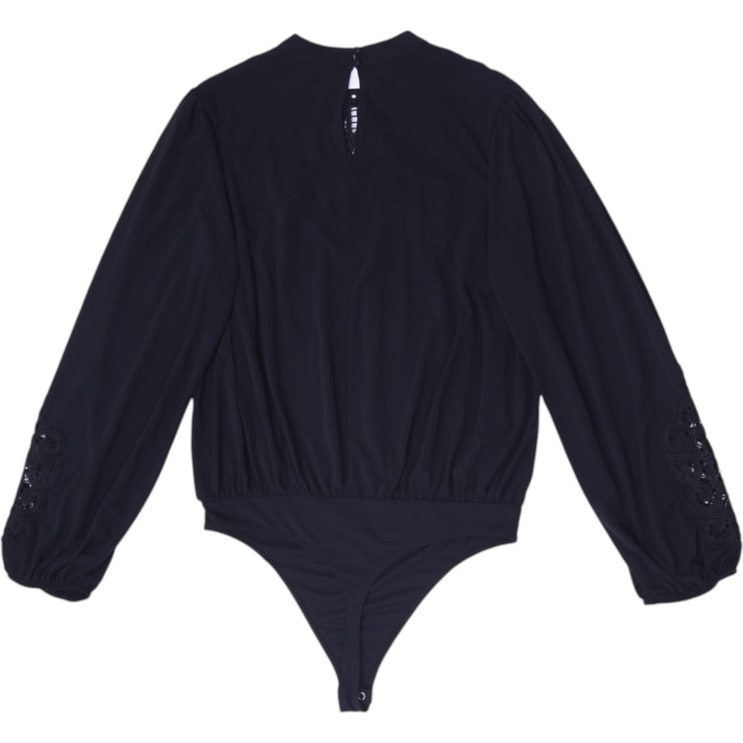 Ladies Express Black Crochet Lace Yoke Long Sleeve Bodysuit Size M