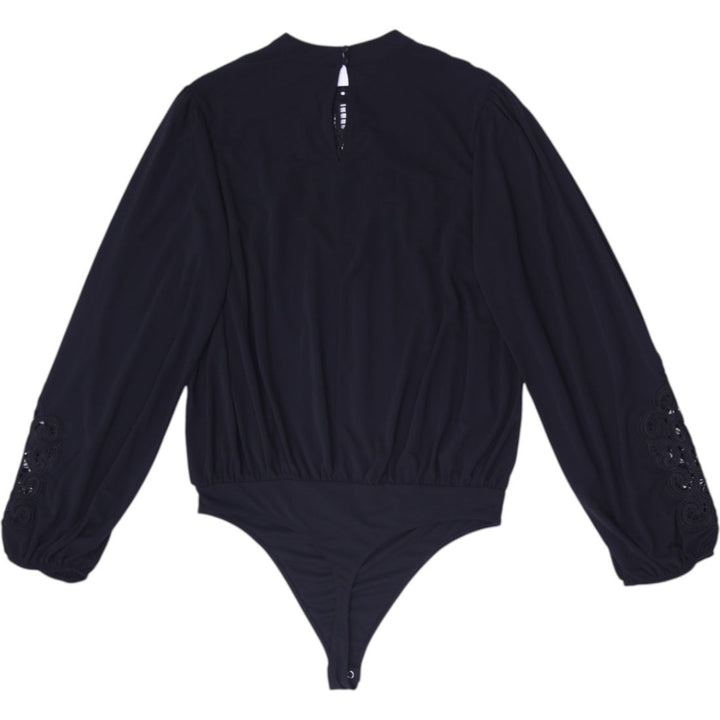 Ladies Express Black Crochet Lace Yoke Long Sleeve Bodysuit Size M