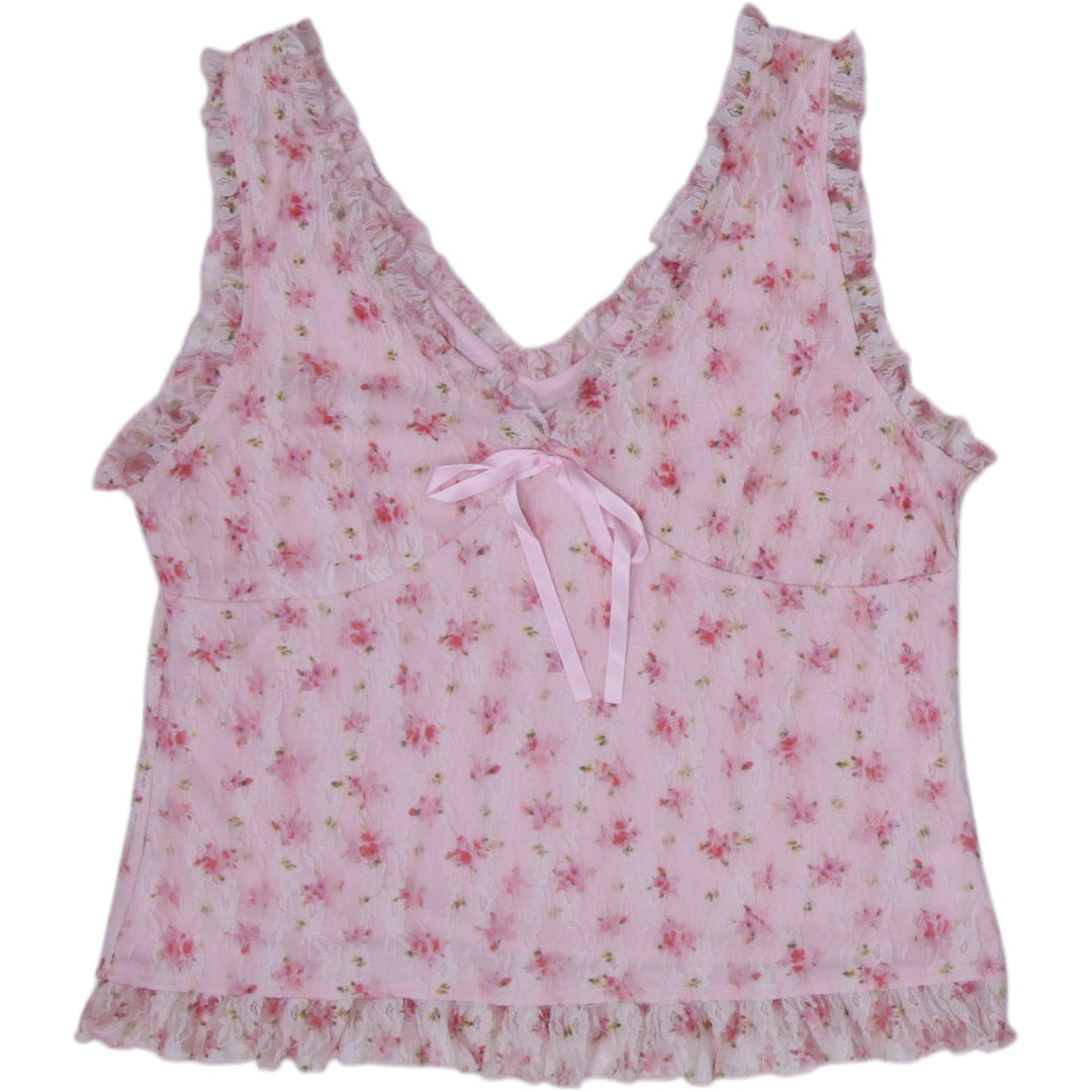 Y2K Ladies Valleygirl Tank Top Pink Floral Lace Sleeveless Size XL