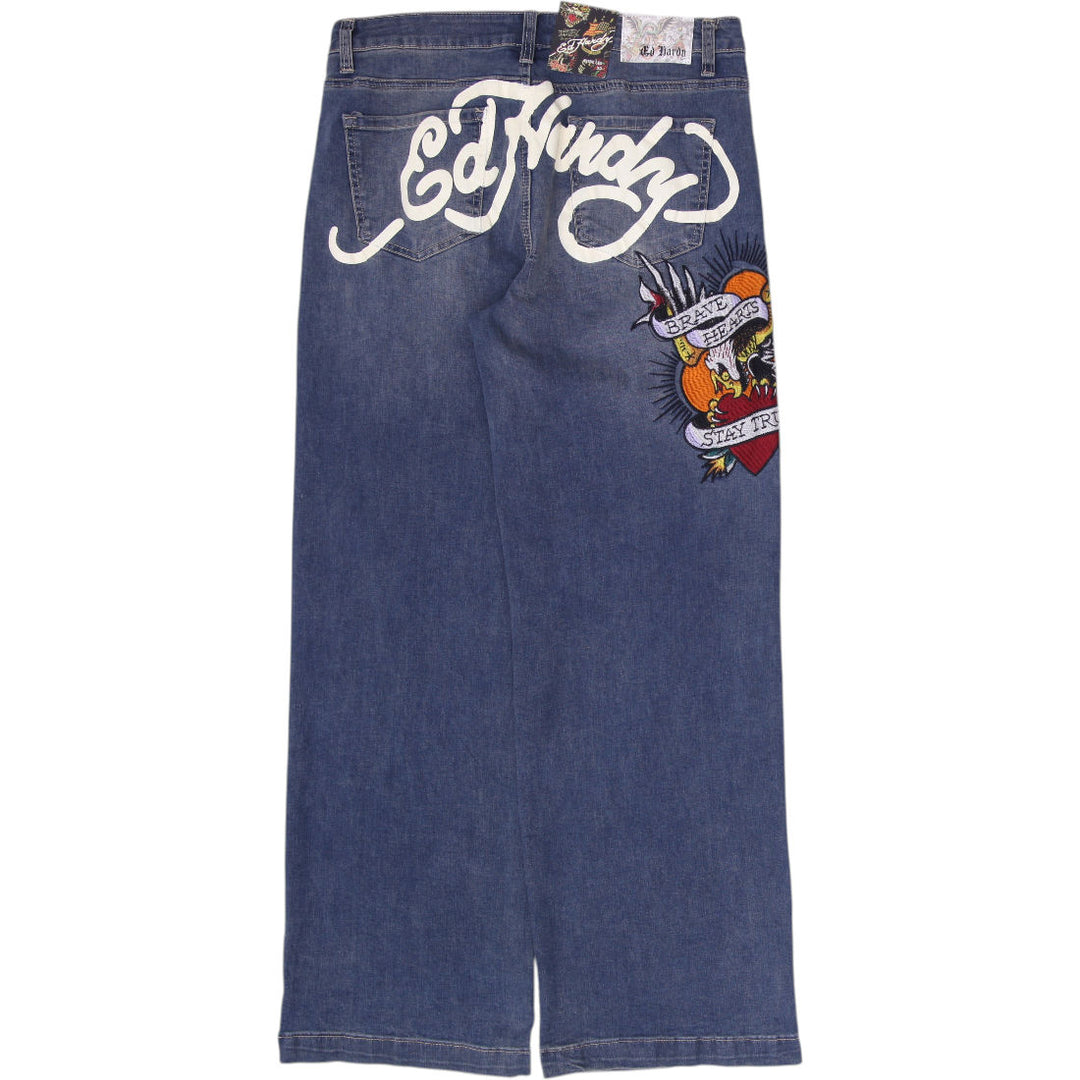 Y2K Mens Ed Hardy Embroidered Wide-Leg Jeans "Brave Hearts Stay True" Size 32