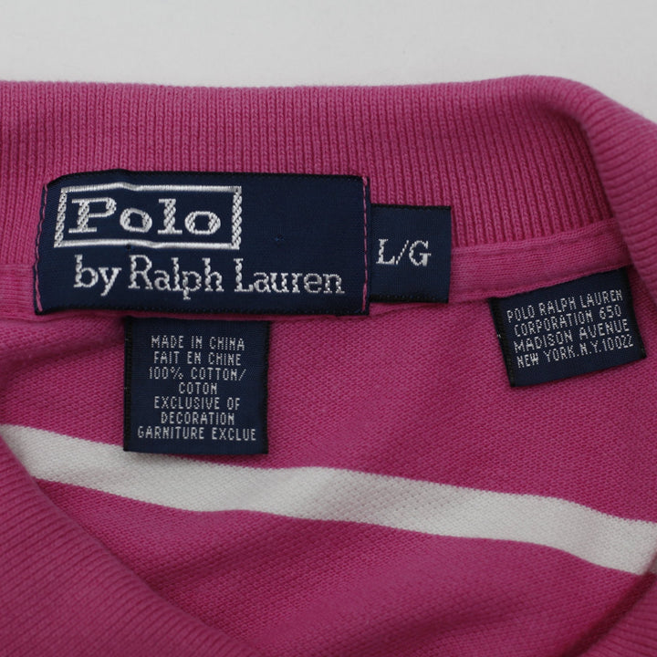 Vintage Mens Polo Ralph Lauren Magenta Pink White Striped Polo T-Shirt Size L