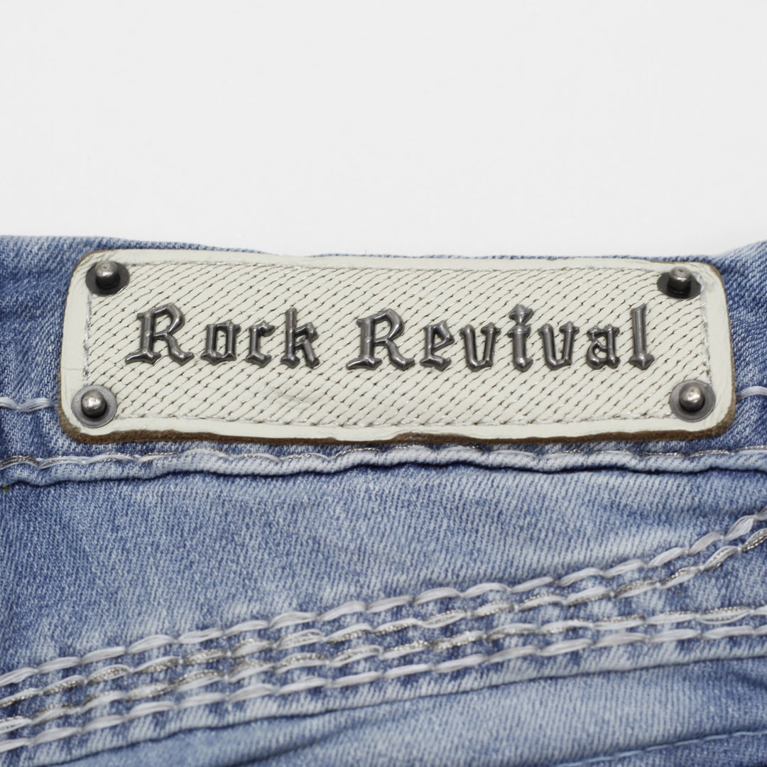 Y2K Ladies Rock Revival Denim Shorts Washed Blue Distressed Rhinestone