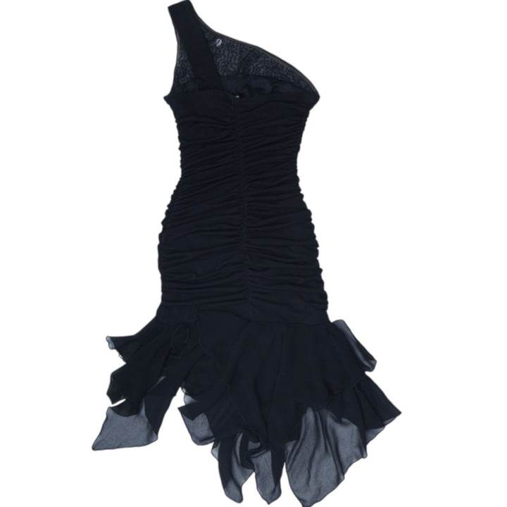 Y2K Ladies City Triangles Ruched One Shoulder Party Dress Asymmetrical Waterfall Hem