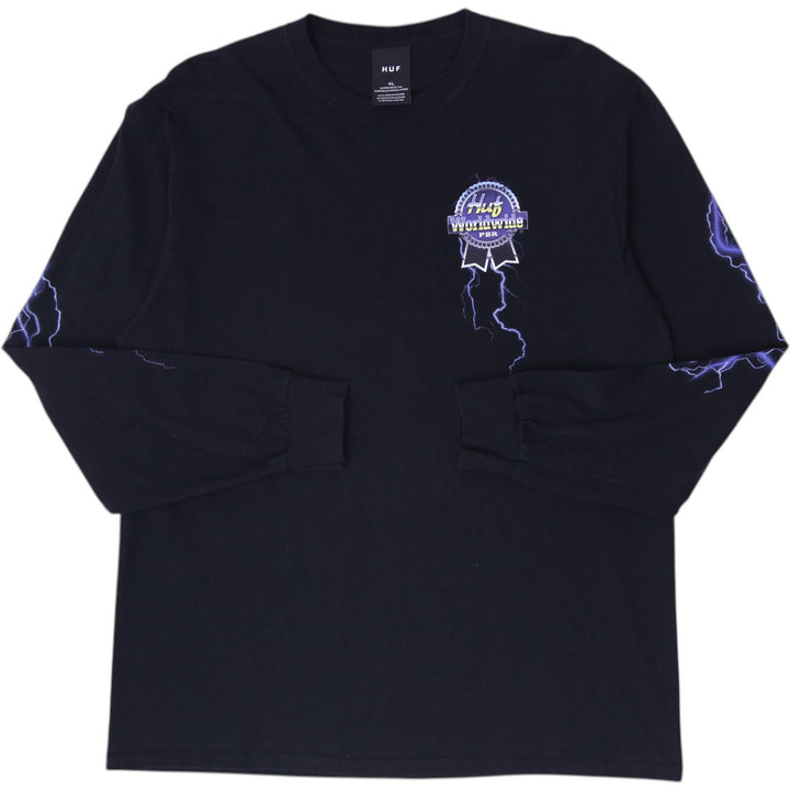 Mens HUF Worldwide Lightning Graphic Print Long Sleeve T-Shirt Size XL