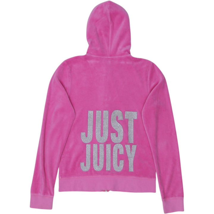 Y2K Ladies Juicy Couture Hoodie Pink Velour Glitter Graphic