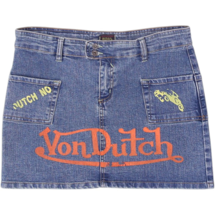 Y2K Ladies Von Dutch Denim Mini Skirt Blue Printed Pockets
