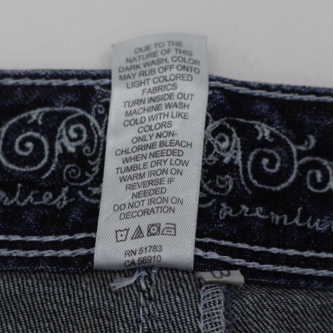 Y2K Ladies Maurices Premium Bootcut Jeans Dark Wash Fleur De Lis Pocket Embroidered Stretch 9/10 Long