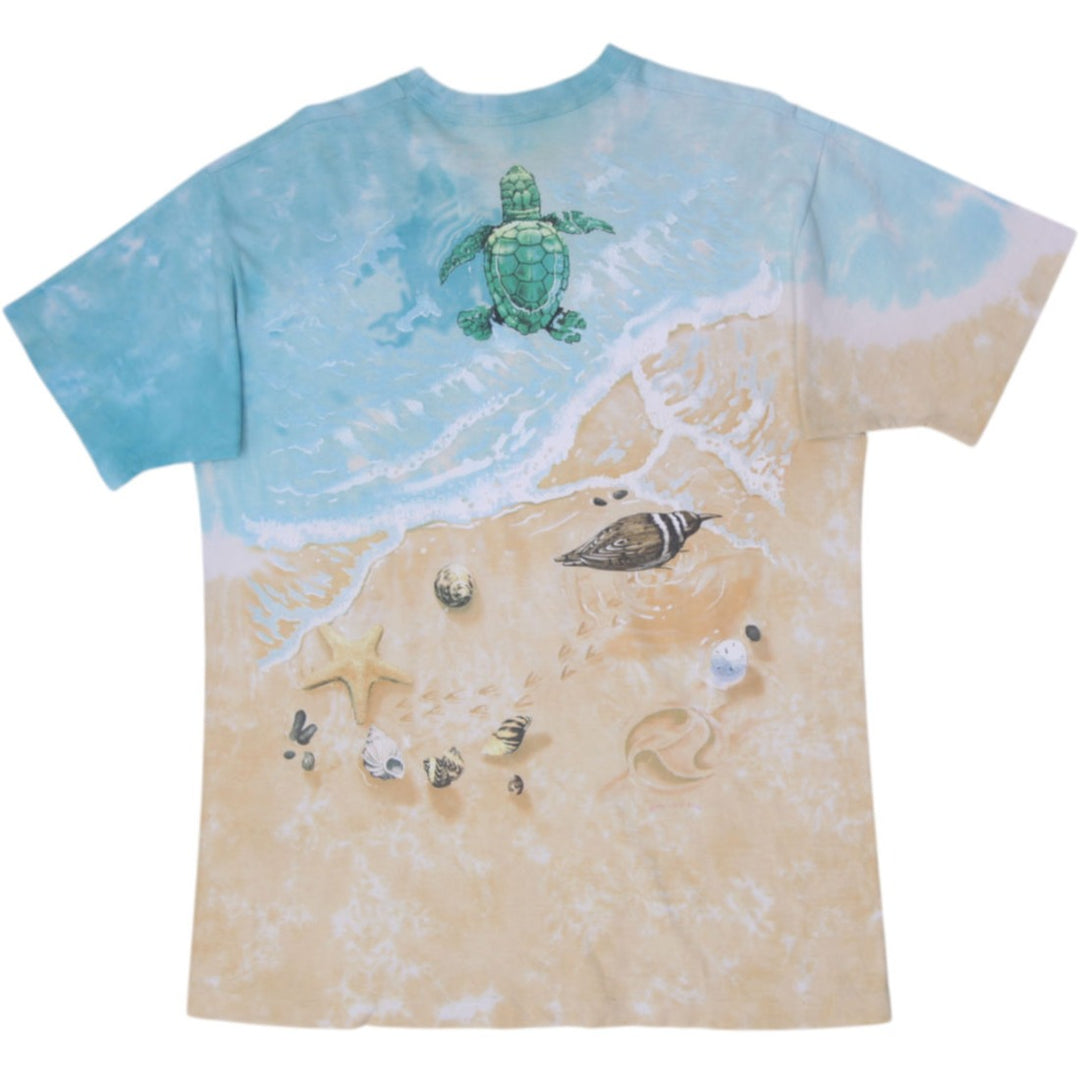 Vintage 90s Liquid Blue Sea Turtle Beach Tie Dye All Over Print Beach Scene T-Shirt Single Stitch