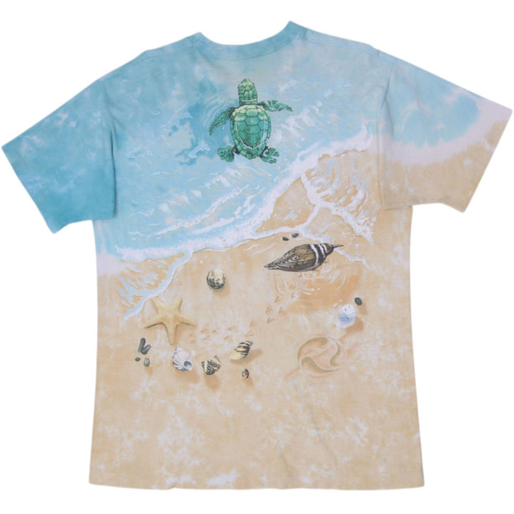 Vintage 90s Liquid Blue Sea Turtle Beach Tie Dye All Over Print Beach Scene T-Shirt Single Stitch