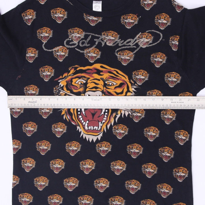 Y2K Mens Ed Hardy Black T-Shirt Tiger Graphic All Over Size 2XL