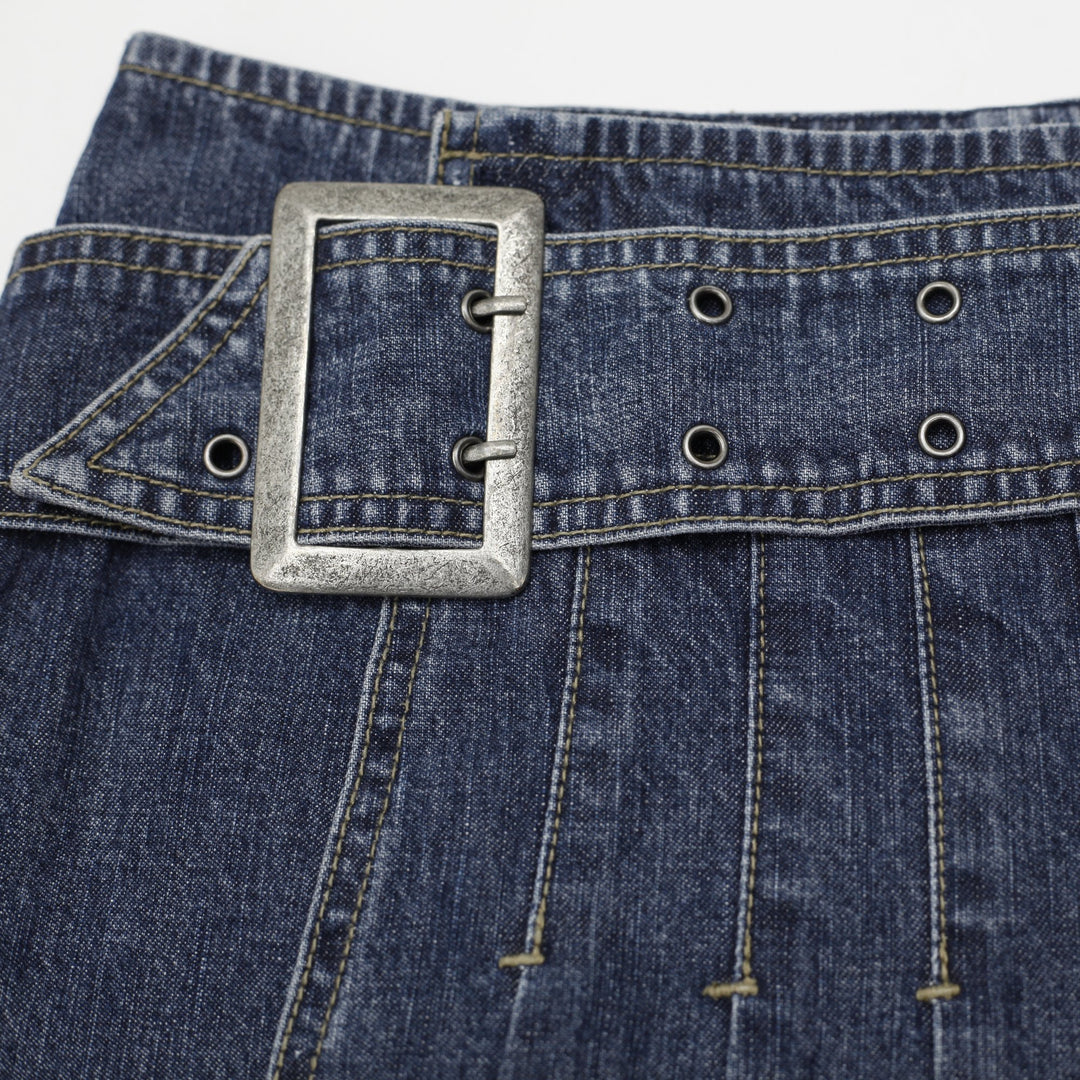Y2K Ladies Here & There Blue Belted Pleated Denim Mini Skirt