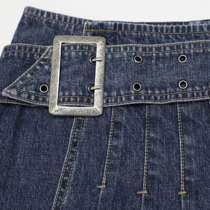 Y2K Ladies Here & There Blue Belted Pleated Denim Mini Skirt