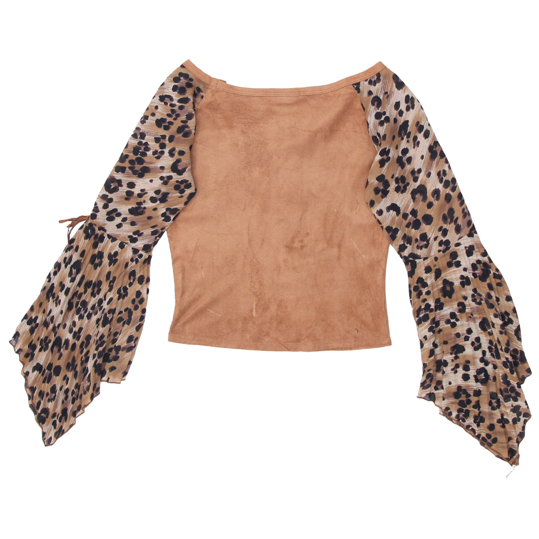 Y2K Leopard Sleeve Suede Bell Sleeve Top - Fashion Rerun Vintage Migration_Tops