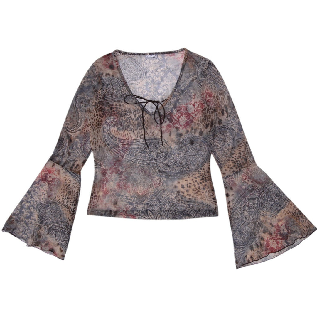 Y2K Ladies Rave Mixed Print Paisley & Cheetah Mesh Bell-Sleeve Top Size L